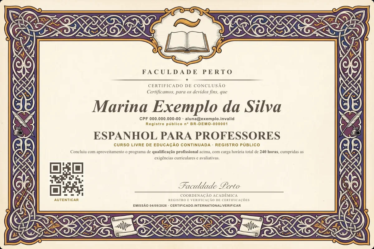 Modelo do certificado do curso de Espanhol para Professores grátis: registro público, QR de verificação e assinaturas — exemplo com dados fictícios.