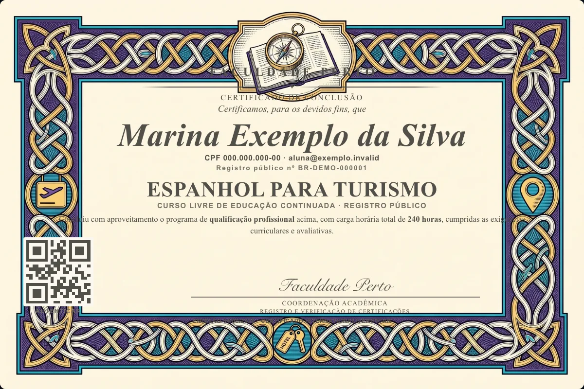 Modelo do certificado do curso de Espanhol para Turismo grátis: registro público, QR de verificação e assinaturas — exemplo com dados fictícios.