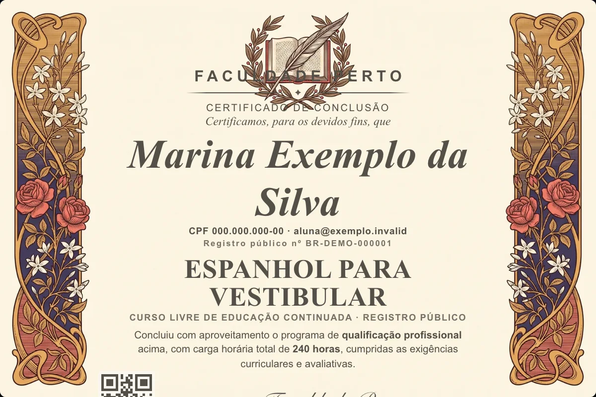 Modelo do certificado do curso de Espanhol para Vestibular grátis: registro público, QR de verificação e assinaturas — exemplo com dados fictícios.