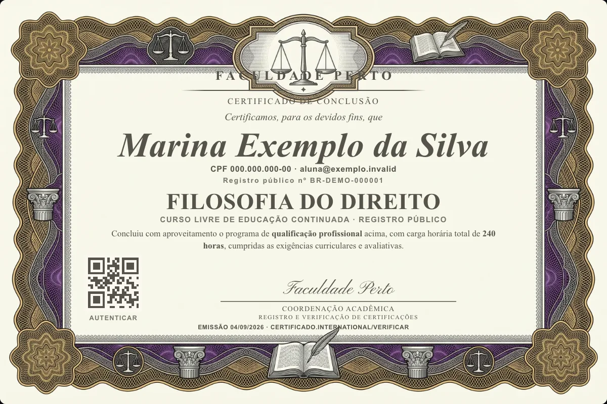 Modelo do certificado do curso de Filosofia do Direito grátis: registro público, QR de verificação e assinaturas — exemplo com dados fictícios.