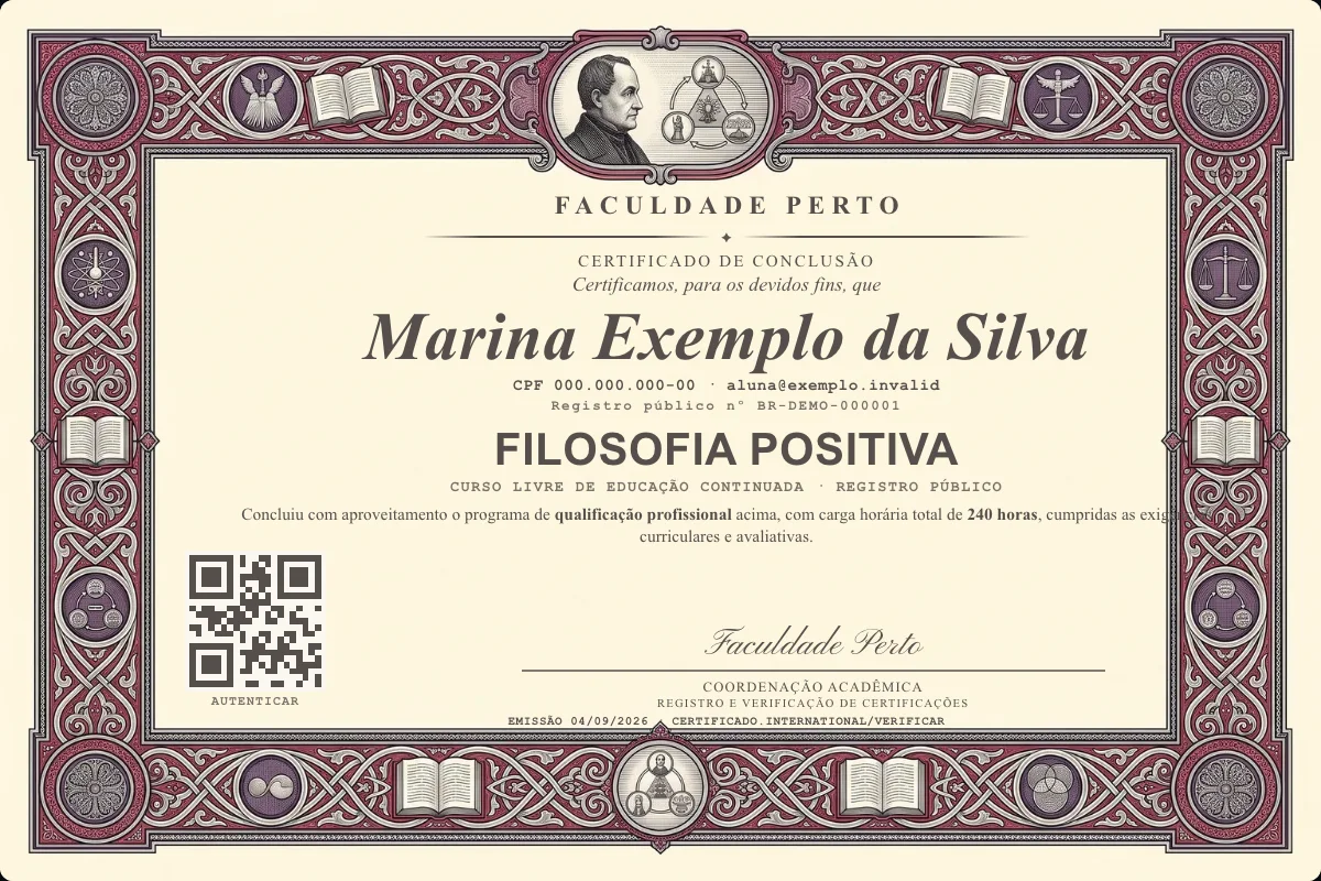 Modelo do certificado do curso de Filosofia Positiva grátis: registro público, QR de verificação e assinaturas — exemplo com dados fictícios.