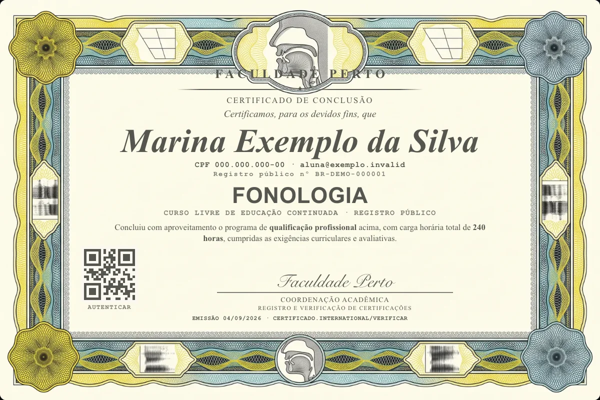 Modelo do certificado do curso de Fonologia grátis: registro público, QR de verificação e assinaturas — exemplo com dados fictícios.