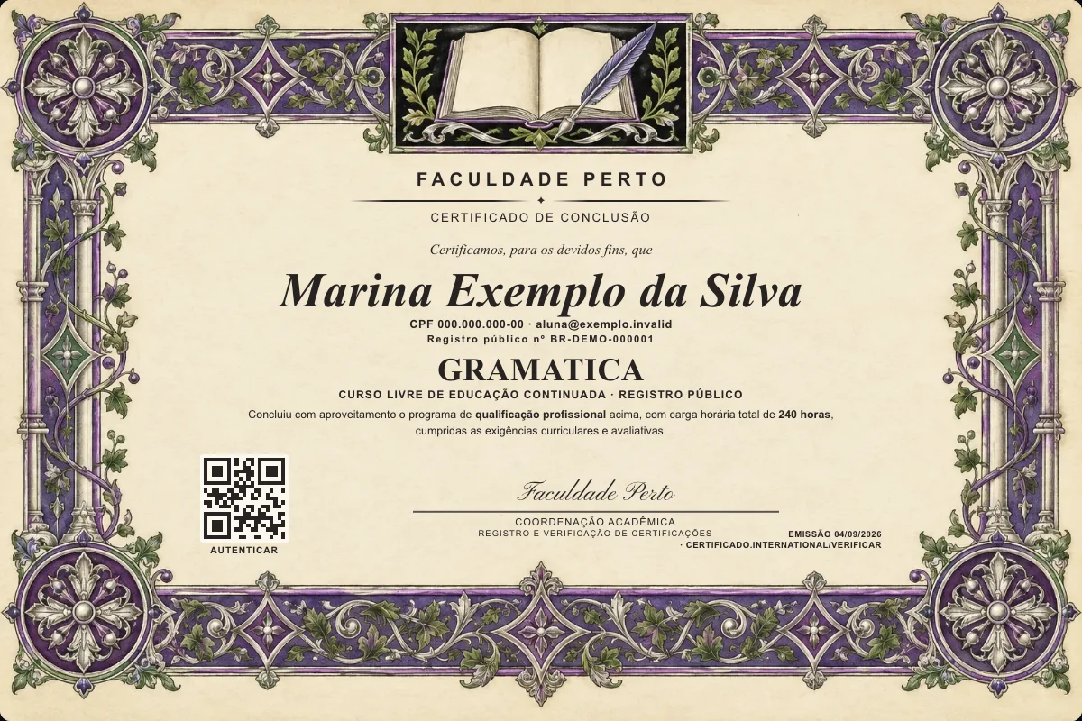 Modelo do certificado do curso de Gramatica grátis: registro público, QR de verificação e assinaturas — exemplo com dados fictícios.