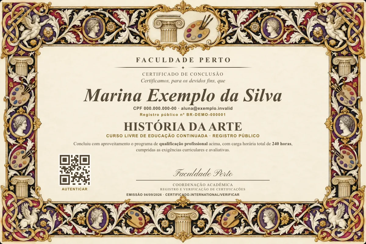Modelo do certificado do curso de História da Arte grátis: registro público, QR de verificação e assinaturas — exemplo com dados fictícios.