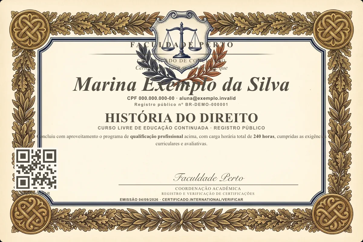 Modelo do certificado do curso de História do Direito grátis: registro público, QR de verificação e assinaturas — exemplo com dados fictícios.