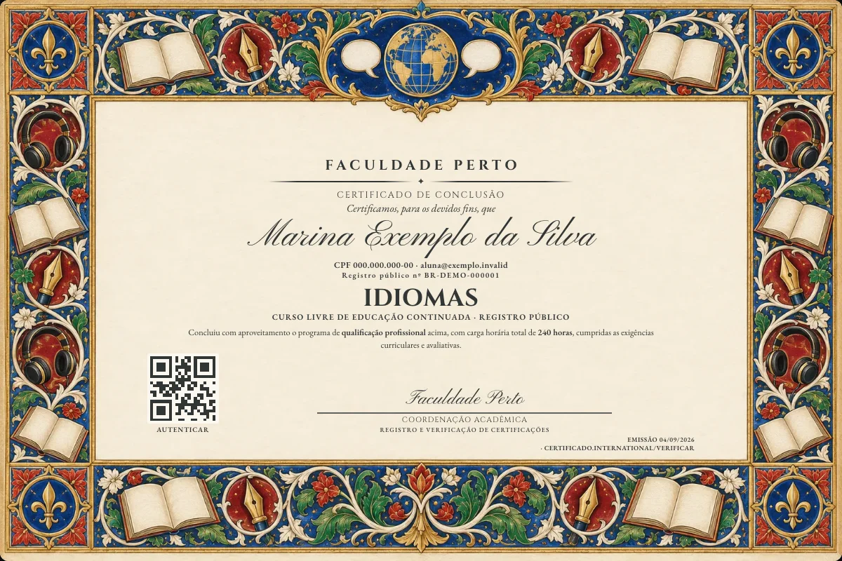 Modelo do certificado do curso de Idiomas grátis: registro público, QR de verificação e assinaturas — exemplo com dados fictícios.
