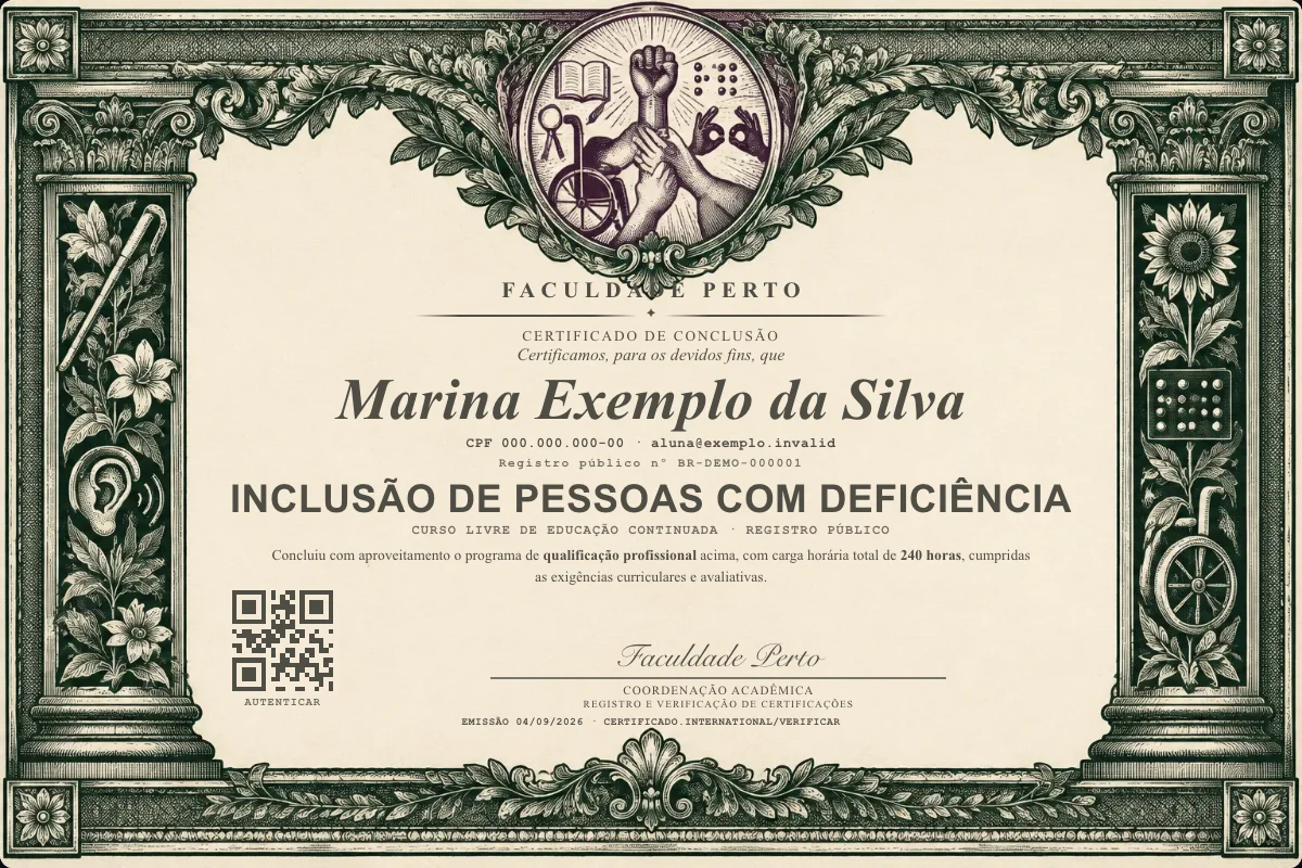 Modelo do certificado do curso de Inclusão de Pessoas com Deficiência grátis: registro público, QR de verificação e assinaturas — exemplo com dados fictícios.