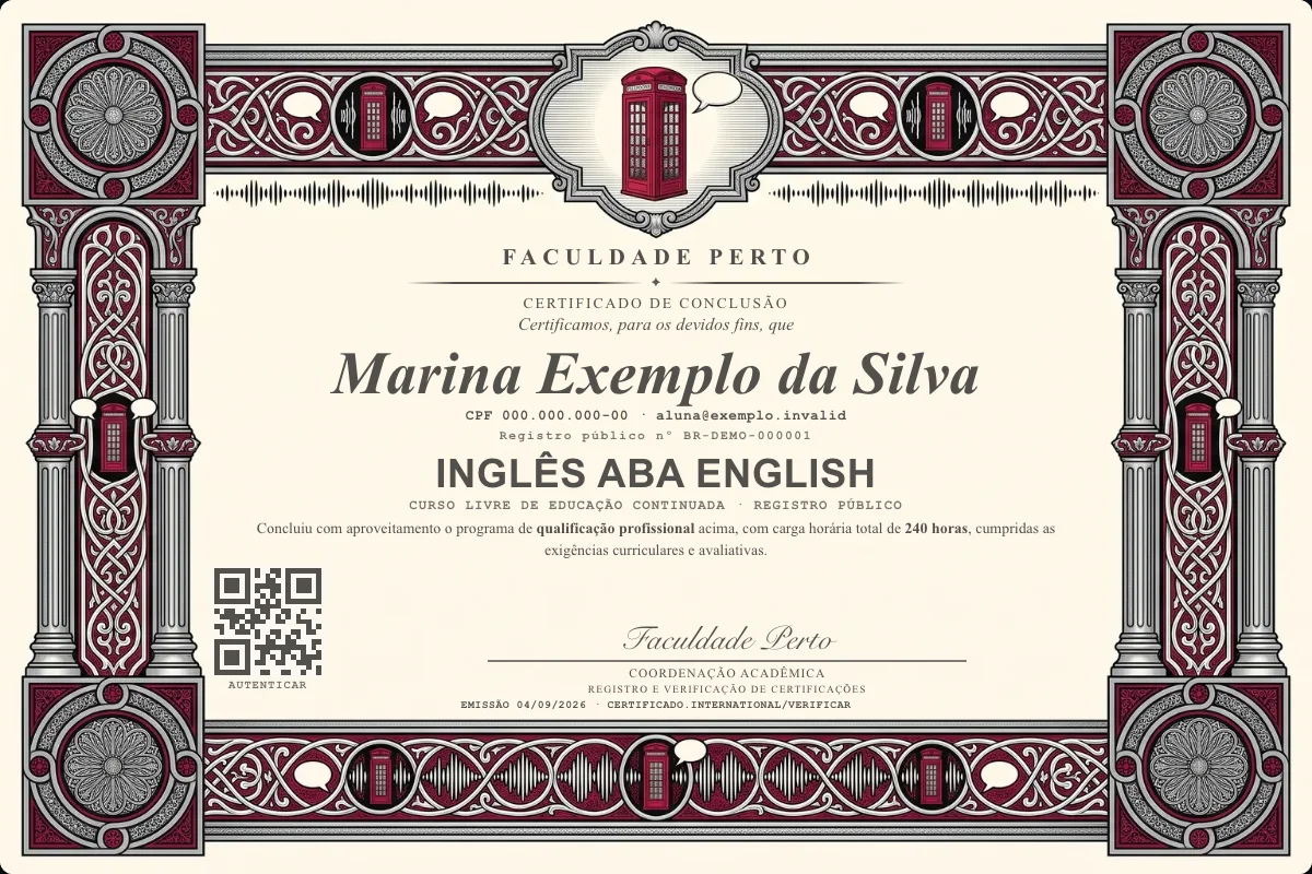 Modelo do certificado do curso de Inglês ABA English grátis: registro público, QR de verificação e assinaturas — exemplo com dados fictícios.