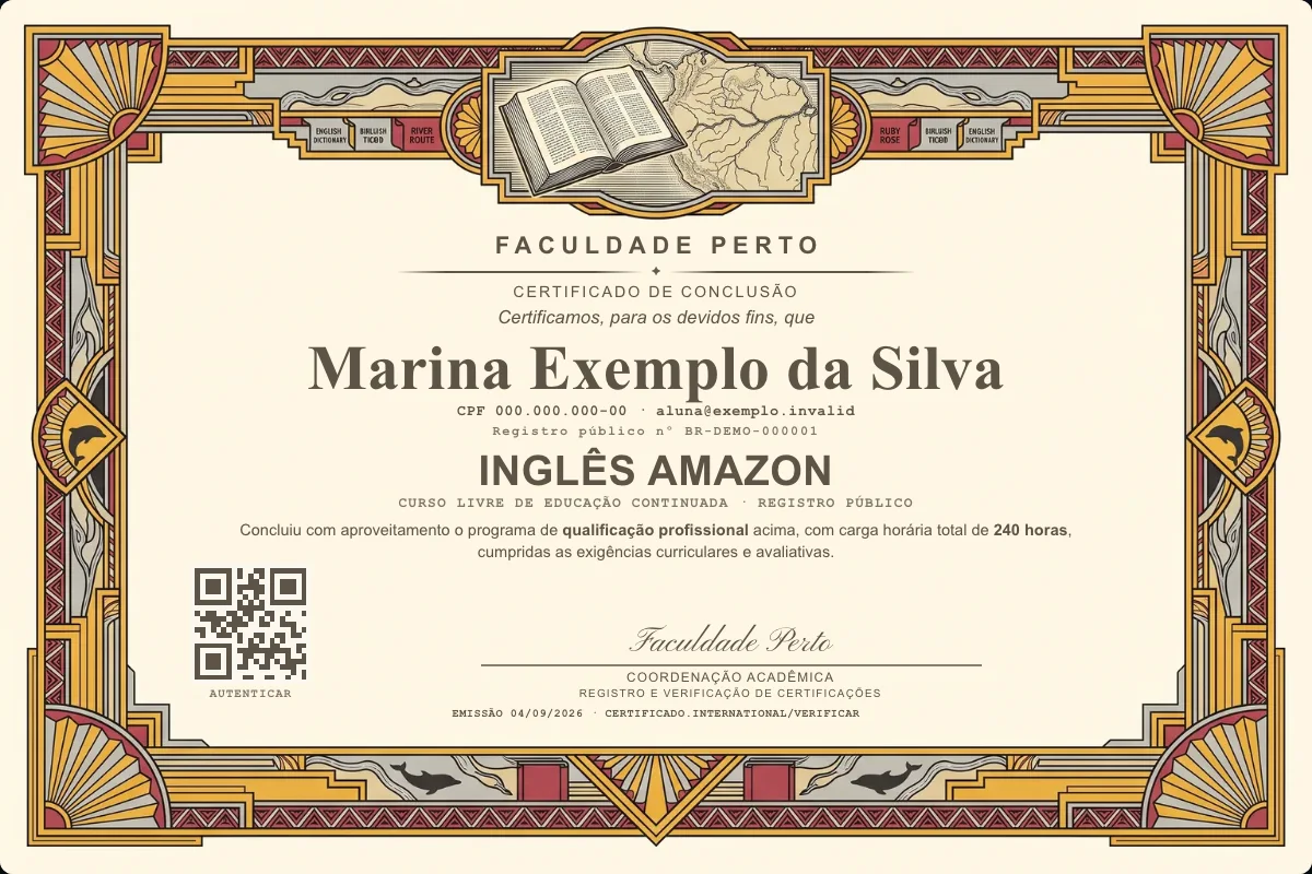 Modelo do certificado do curso de Inglês Amazon grátis: registro público, QR de verificação e assinaturas — exemplo com dados fictícios.
