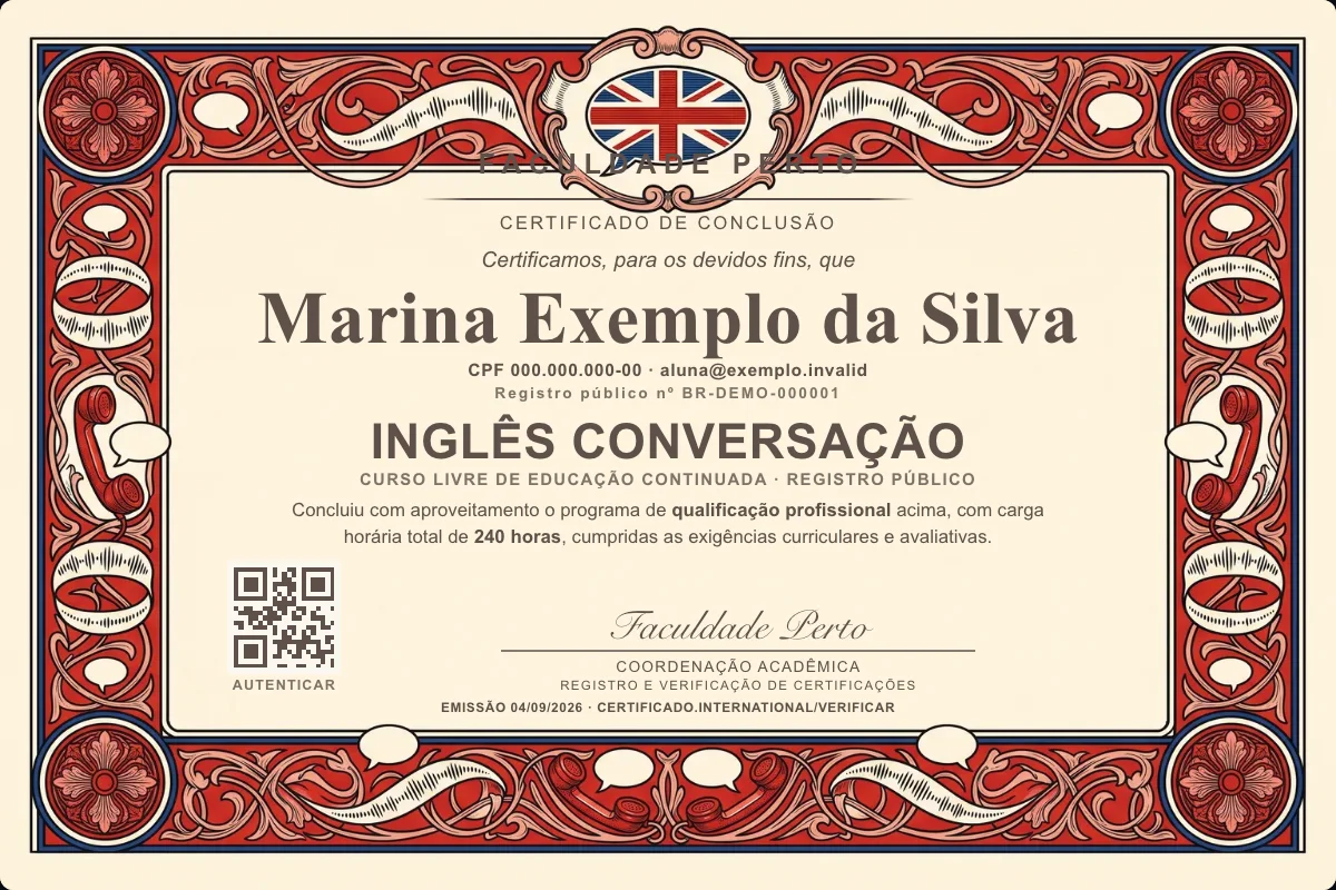 Modelo do certificado do curso de Inglês Conversação grátis: registro público, QR de verificação e assinaturas — exemplo com dados fictícios.