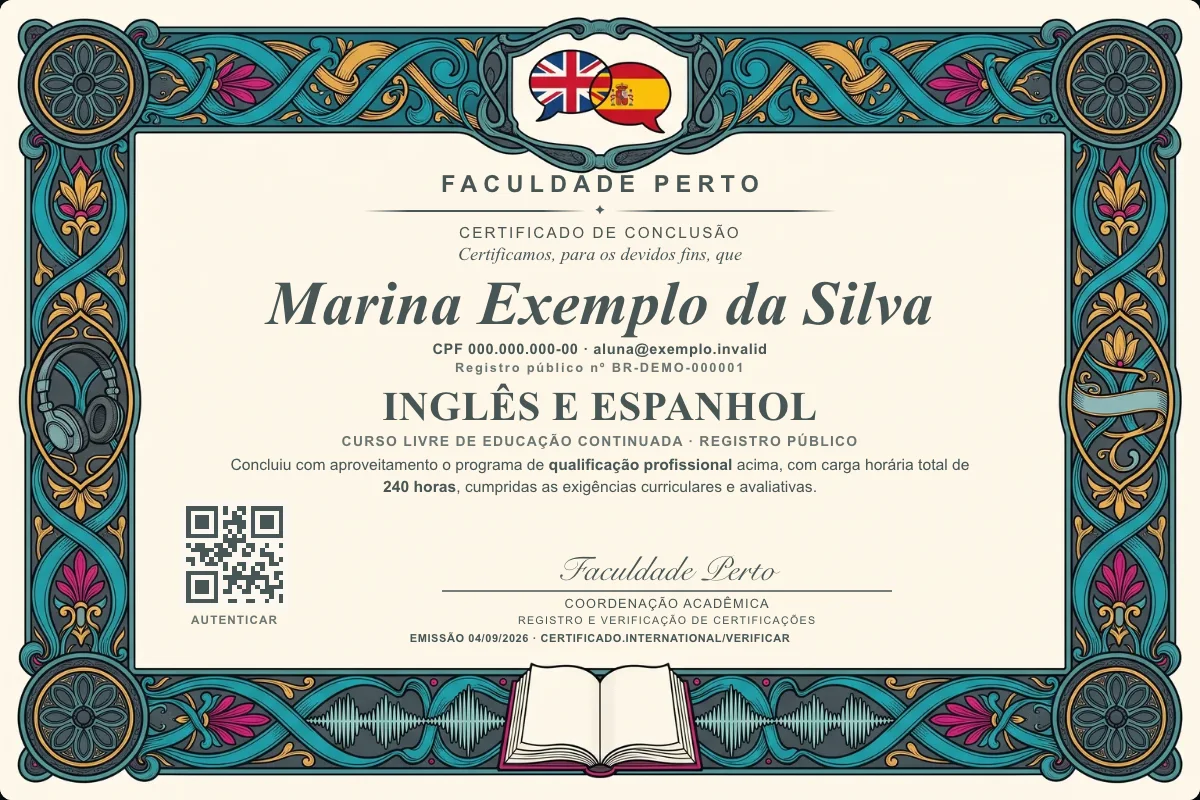 Modelo do certificado do curso de Inglês e Espanhol grátis: registro público, QR de verificação e assinaturas — exemplo com dados fictícios.