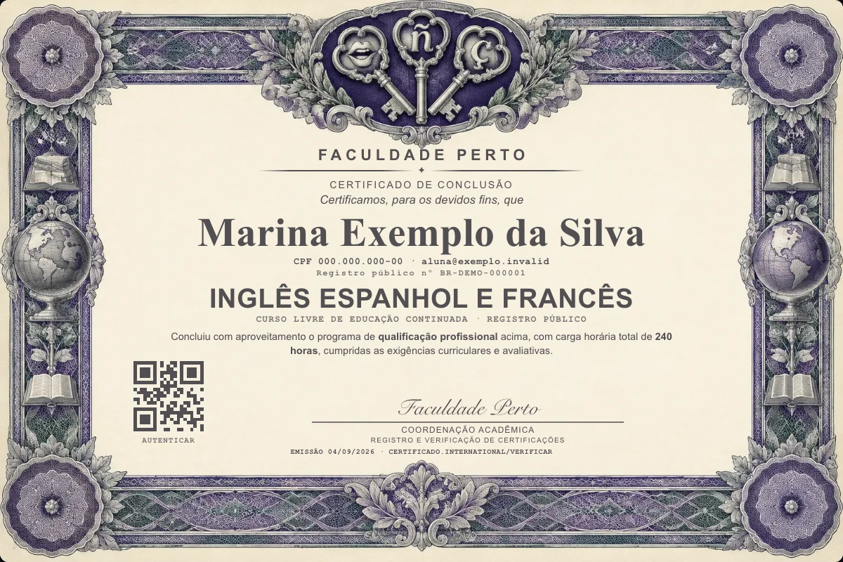 Modelo do certificado do curso de Inglês Espanhol e Francês grátis: registro público, QR de verificação e assinaturas — exemplo com dados fictícios.