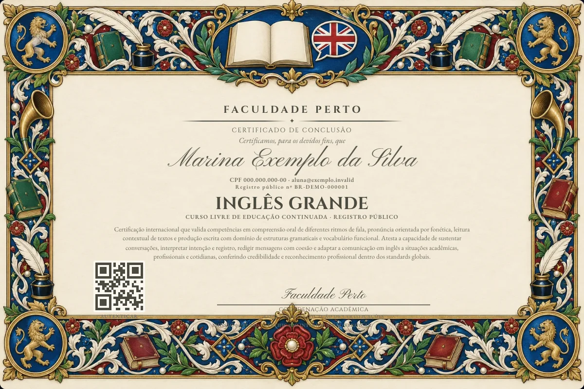 Modelo do certificado do curso de Inglês Grande grátis: registro público, QR de verificação e assinaturas — exemplo com dados fictícios.