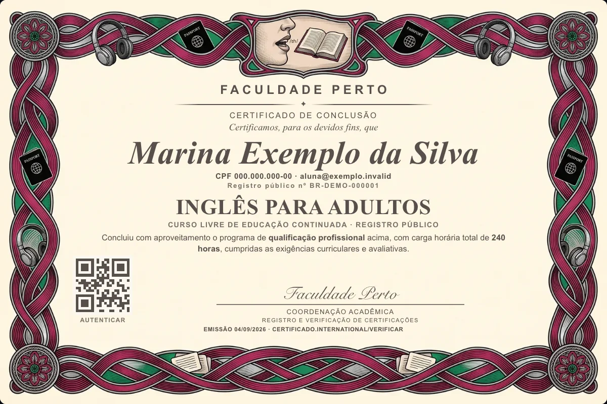 Modelo do certificado do curso de Inglês para Adultos grátis: registro público, QR de verificação e assinaturas — exemplo com dados fictícios.