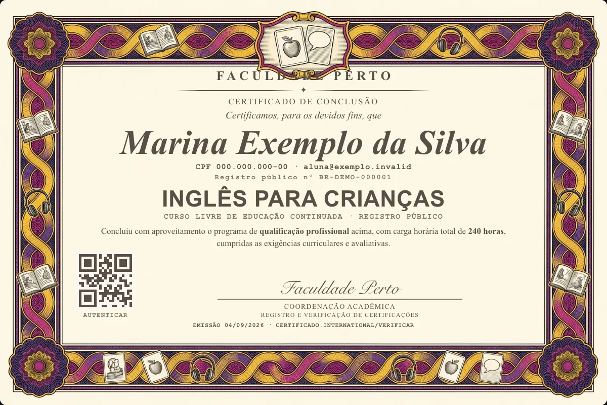 Modelo do certificado do curso de Inglês para Crianças grátis: registro público, QR de verificação e assinaturas — exemplo com dados fictícios.