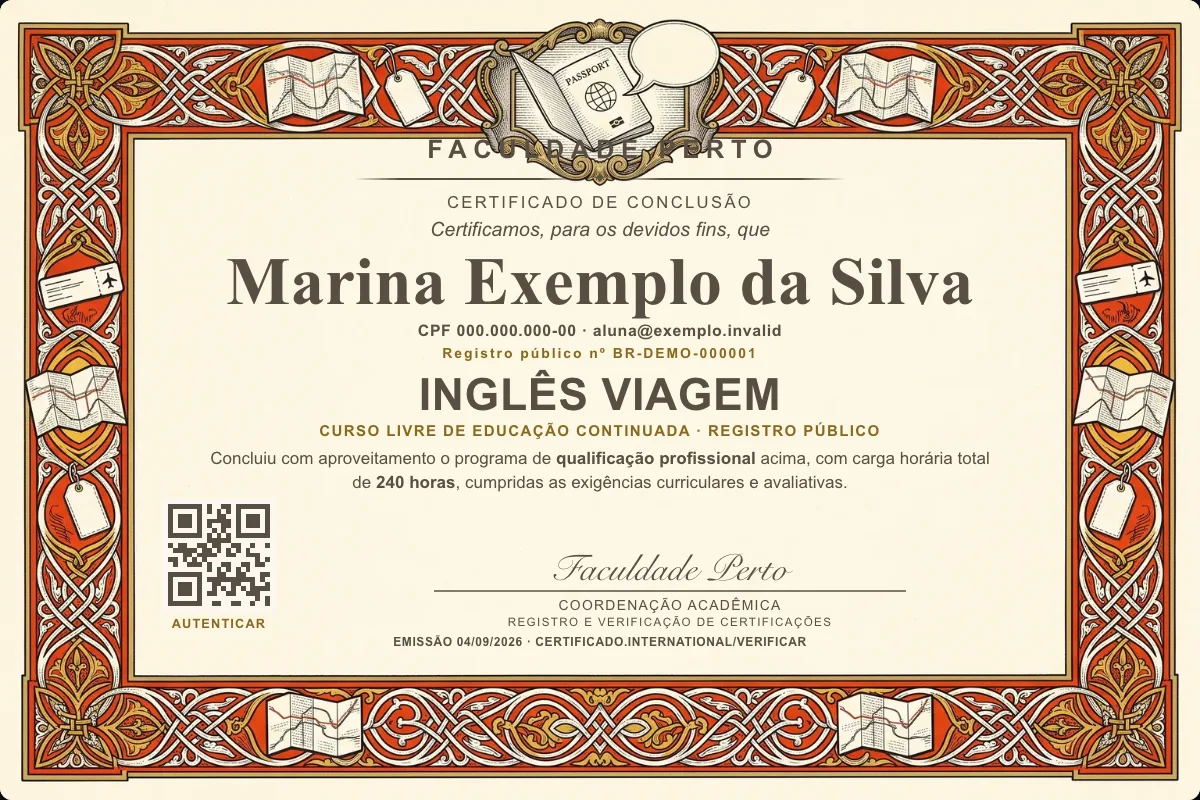 Modelo do certificado do curso de Inglês Viagem grátis: registro público, QR de verificação e assinaturas — exemplo com dados fictícios.