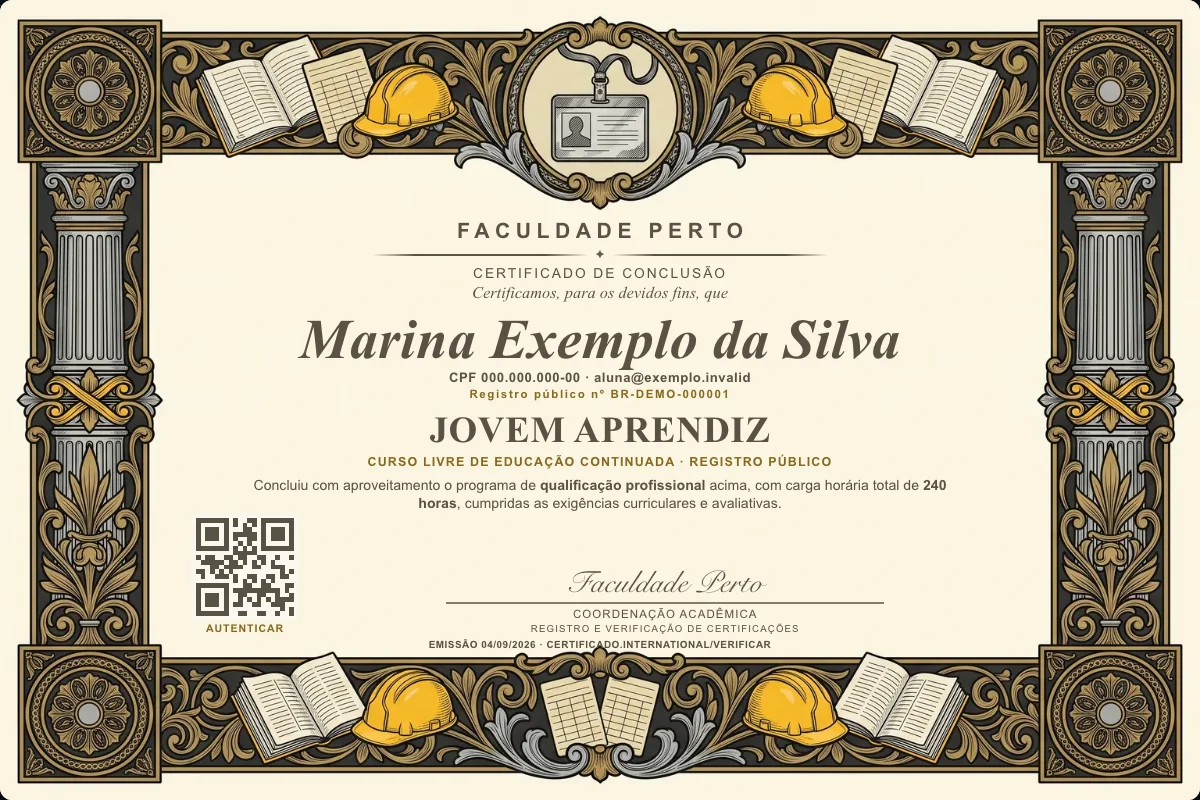 Modelo do certificado do curso de Jovem Aprendiz grátis: registro público, QR de verificação e assinaturas — exemplo com dados fictícios.