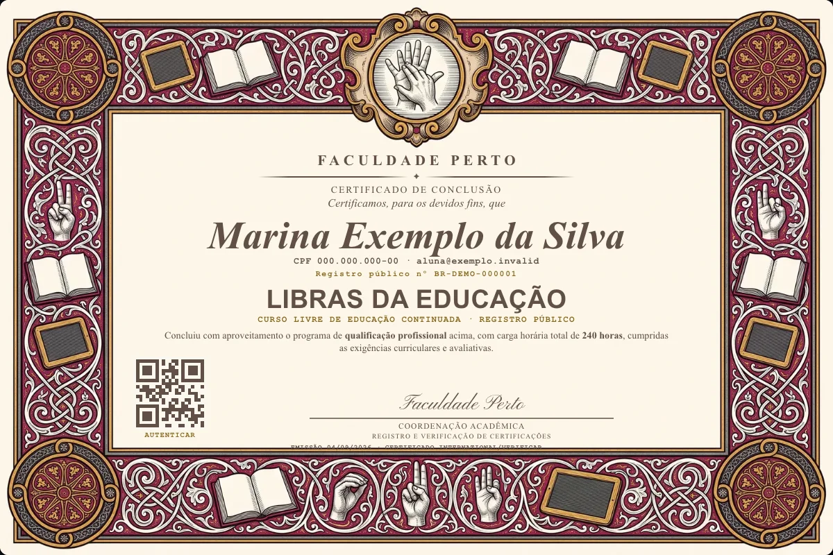 Modelo do certificado do curso de Libras da Educação grátis: registro público, QR de verificação e assinaturas — exemplo com dados fictícios.