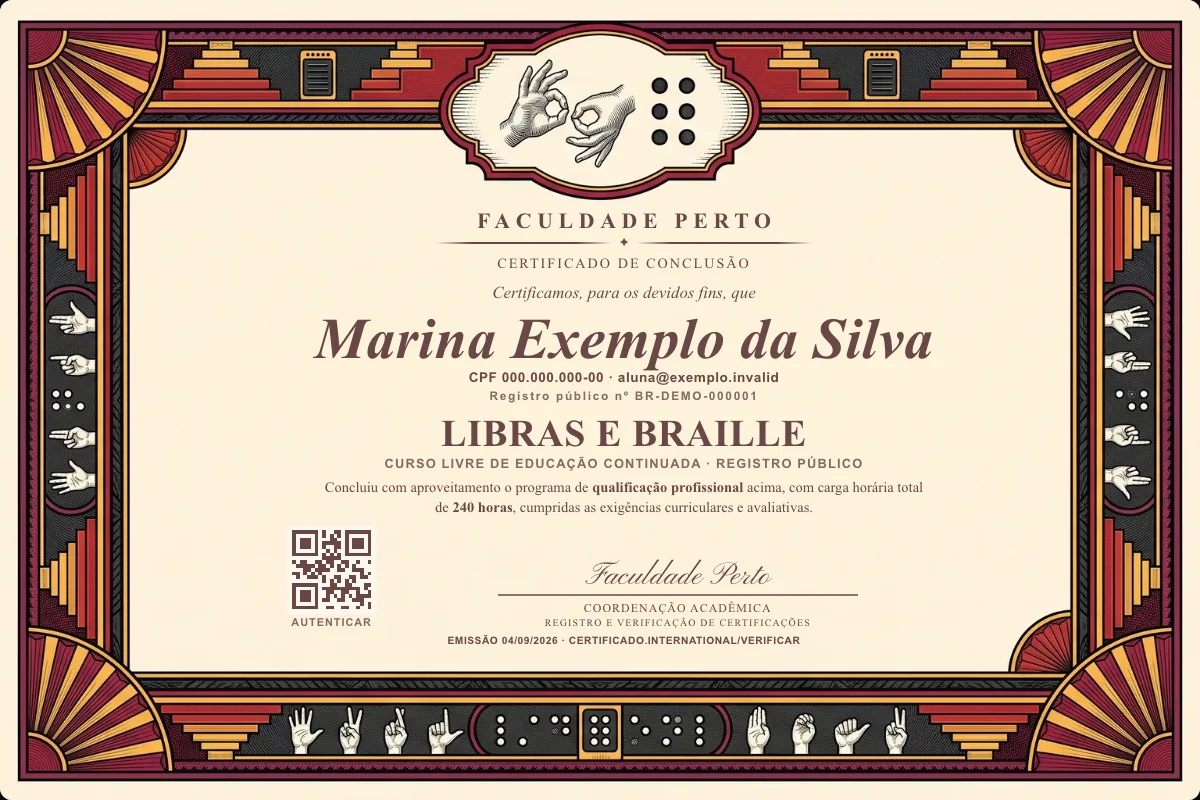 Modelo do certificado do curso de Libras e Braille grátis: registro público, QR de verificação e assinaturas — exemplo com dados fictícios.