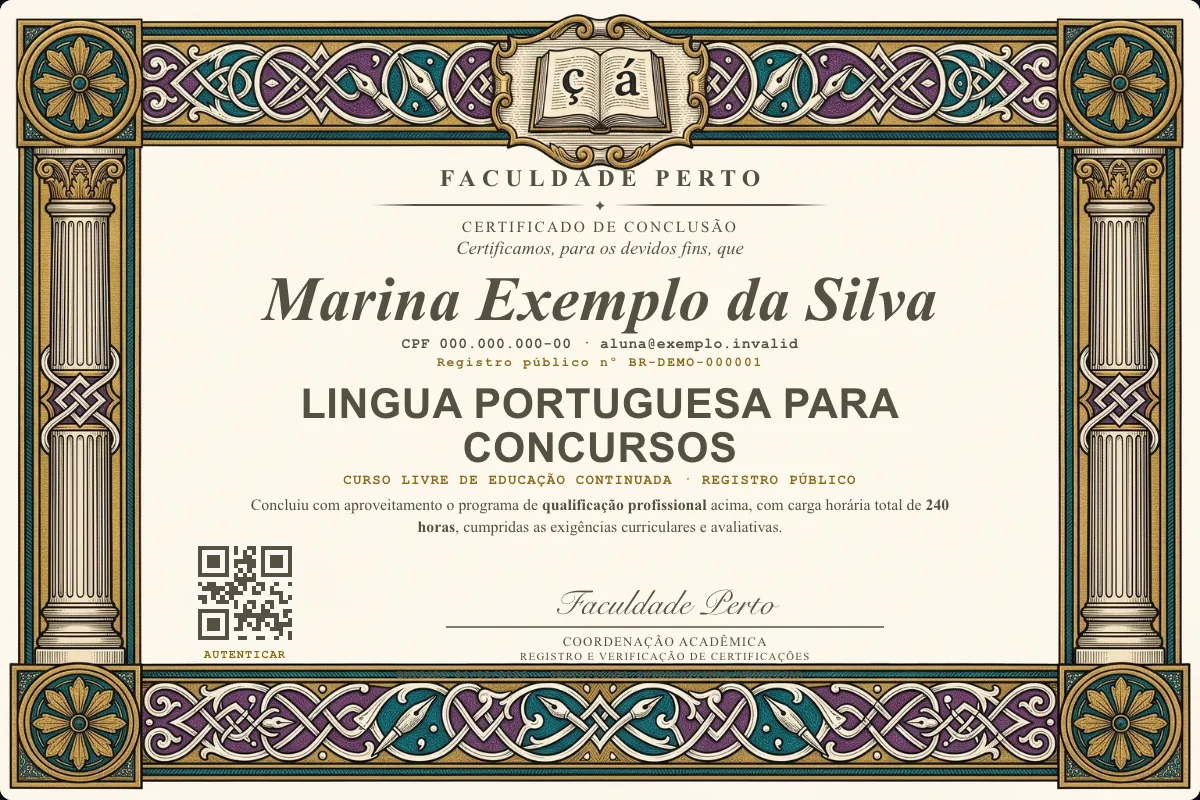 Modelo do certificado do curso de Lingua Portuguesa para Concursos grátis: registro público, QR de verificação e assinaturas — exemplo com dados fictícios.