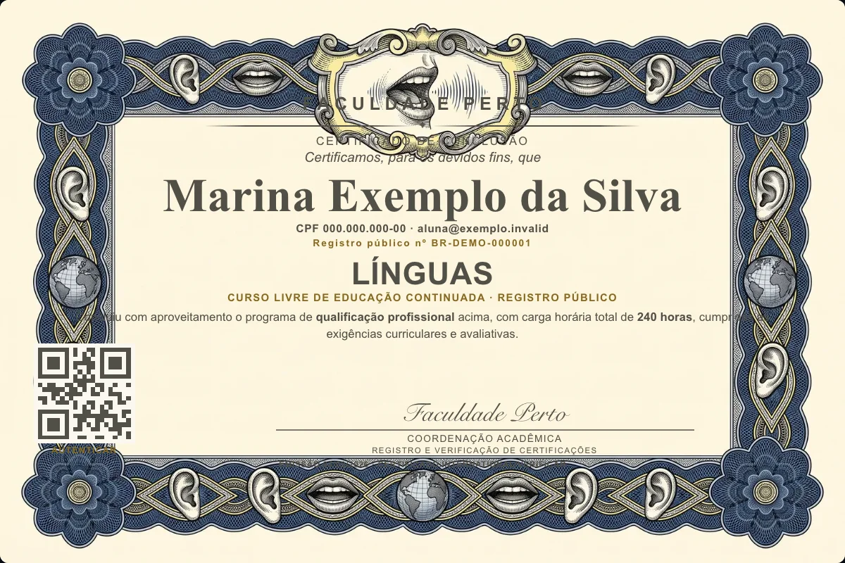 Modelo do certificado do curso de Línguas grátis: registro público, QR de verificação e assinaturas — exemplo com dados fictícios.