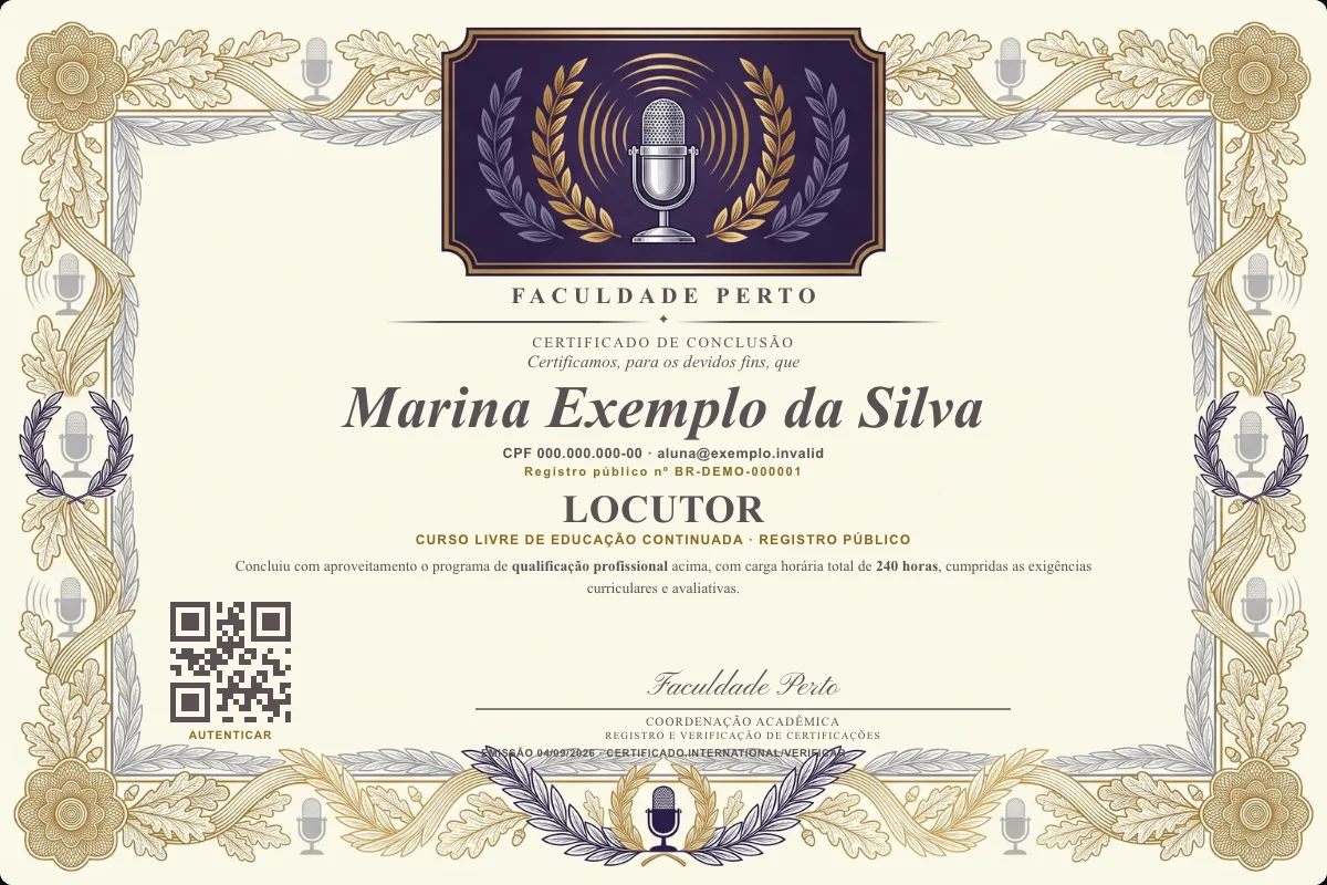 Modelo do certificado do curso de Locutor grátis: registro público, QR de verificação e assinaturas — exemplo com dados fictícios.