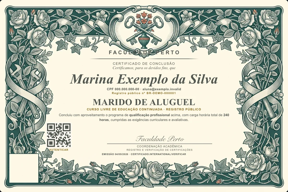 Modelo do certificado do curso de Marido de Aluguel grátis: registro público, QR de verificação e assinaturas — exemplo com dados fictícios.
