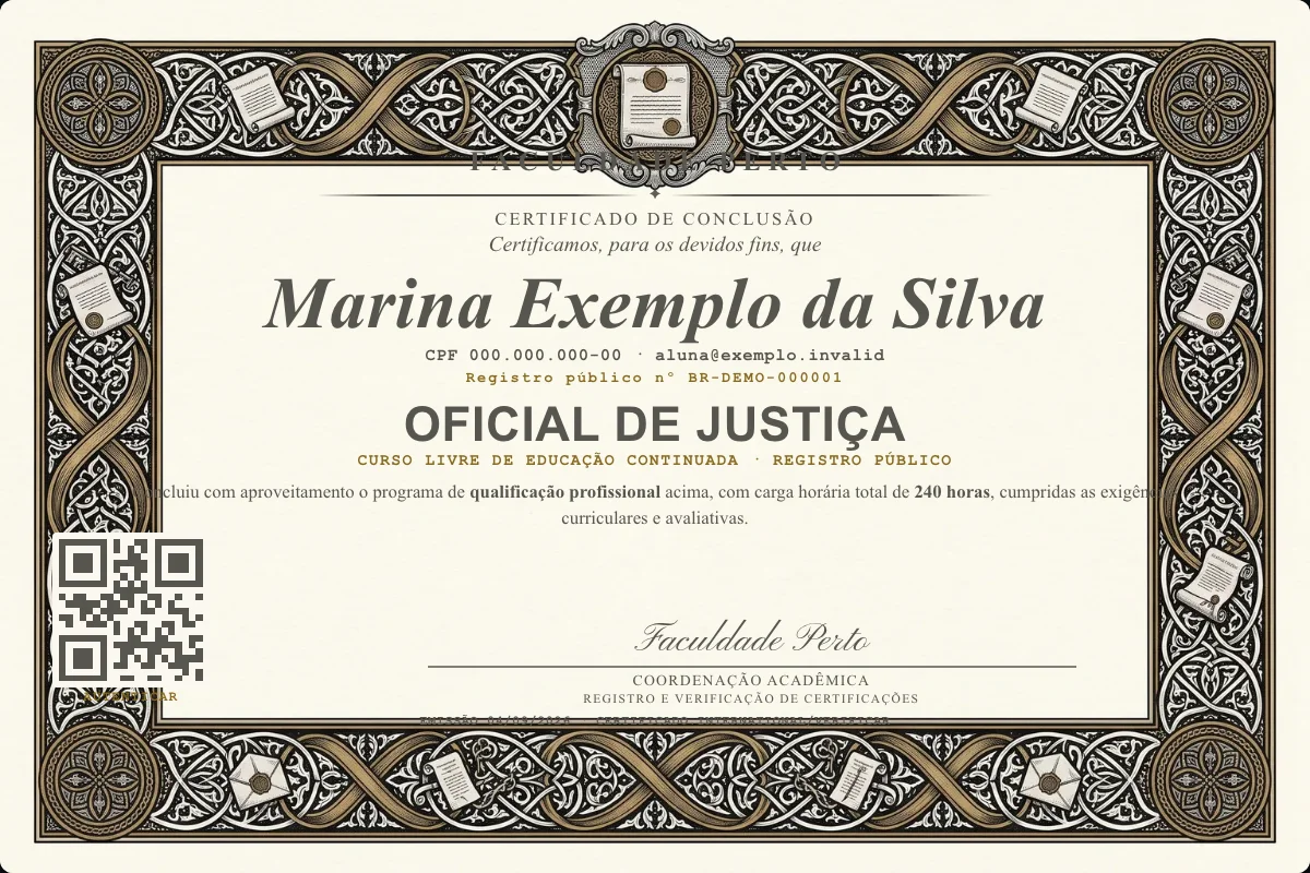 Modelo do certificado do curso de Oficial de Justiça grátis: registro público, QR de verificação e assinaturas — exemplo com dados fictícios.