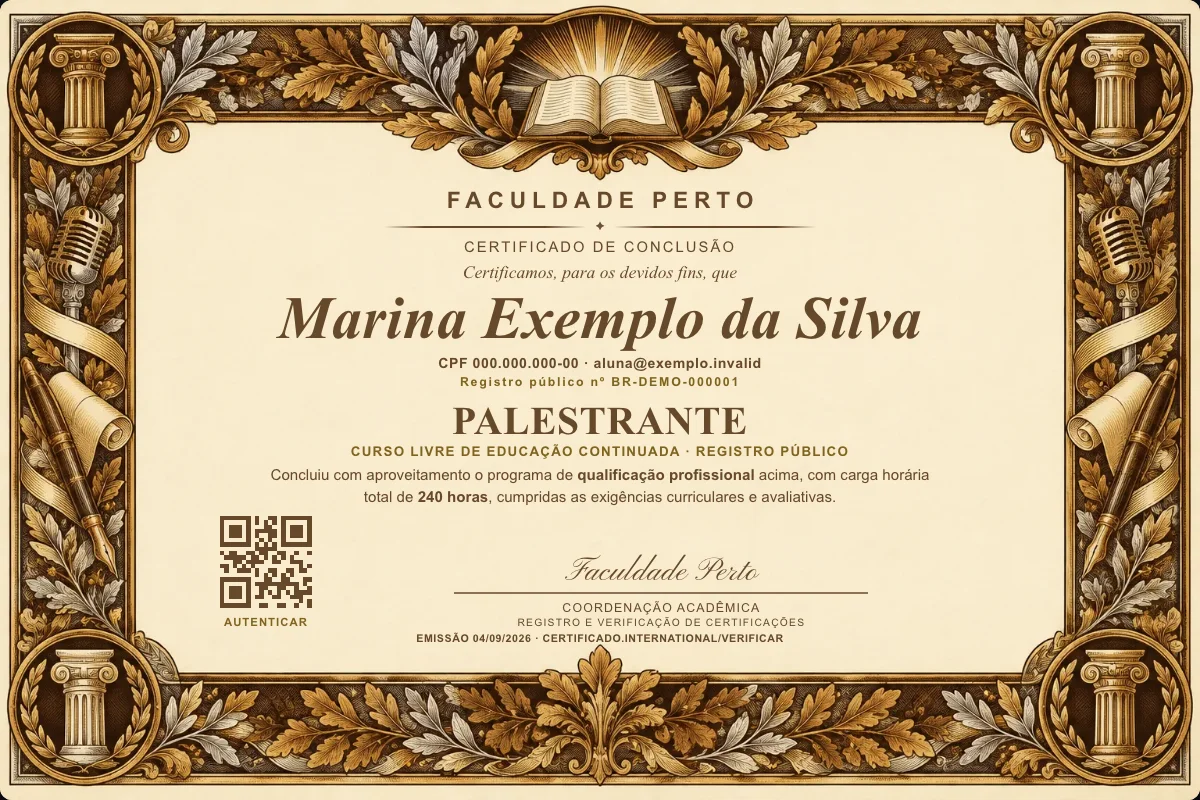 Modelo do certificado do curso de Palestrante grátis: registro público, QR de verificação e assinaturas — exemplo com dados fictícios.