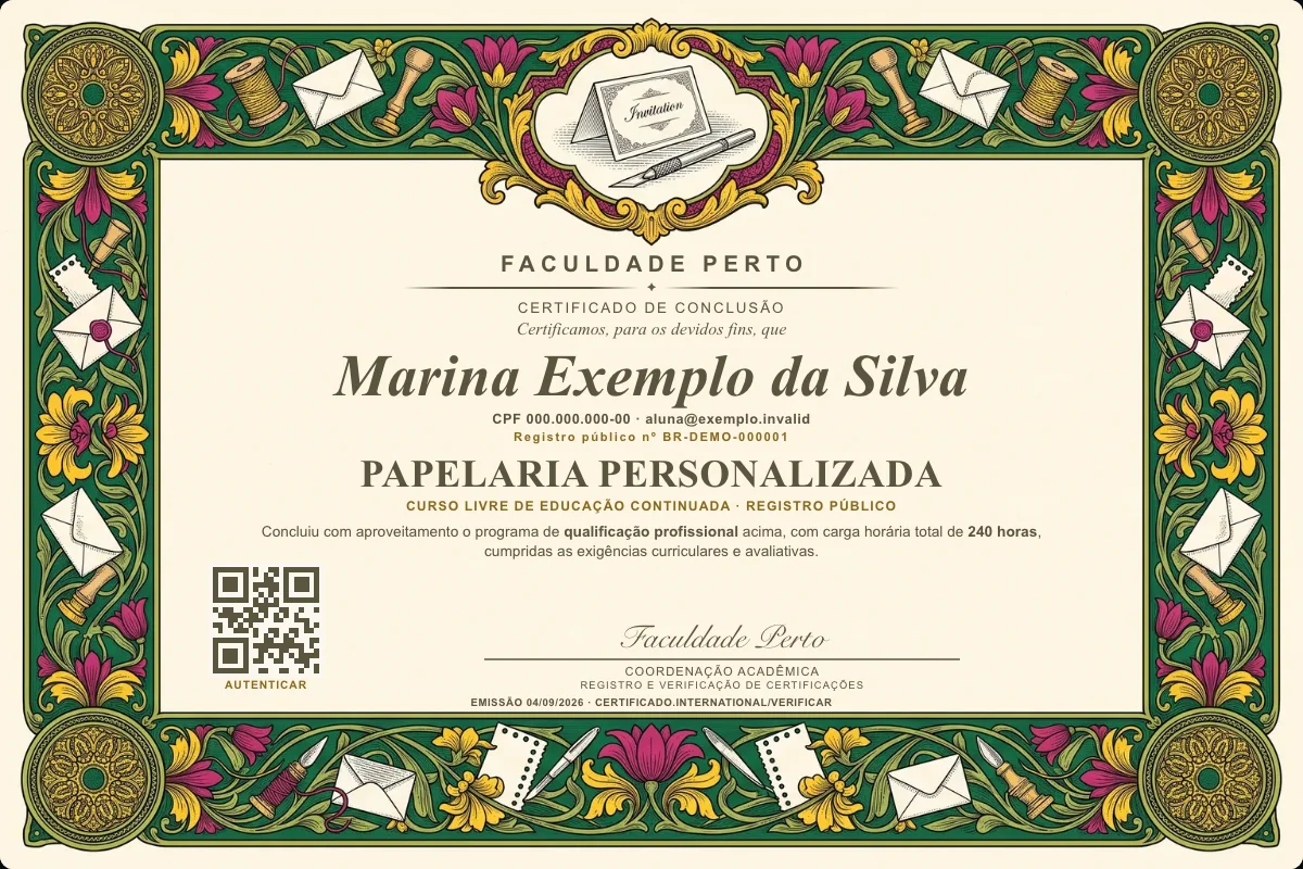Modelo do certificado do curso de Papelaria Personalizada grátis: registro público, QR de verificação e assinaturas — exemplo com dados fictícios.