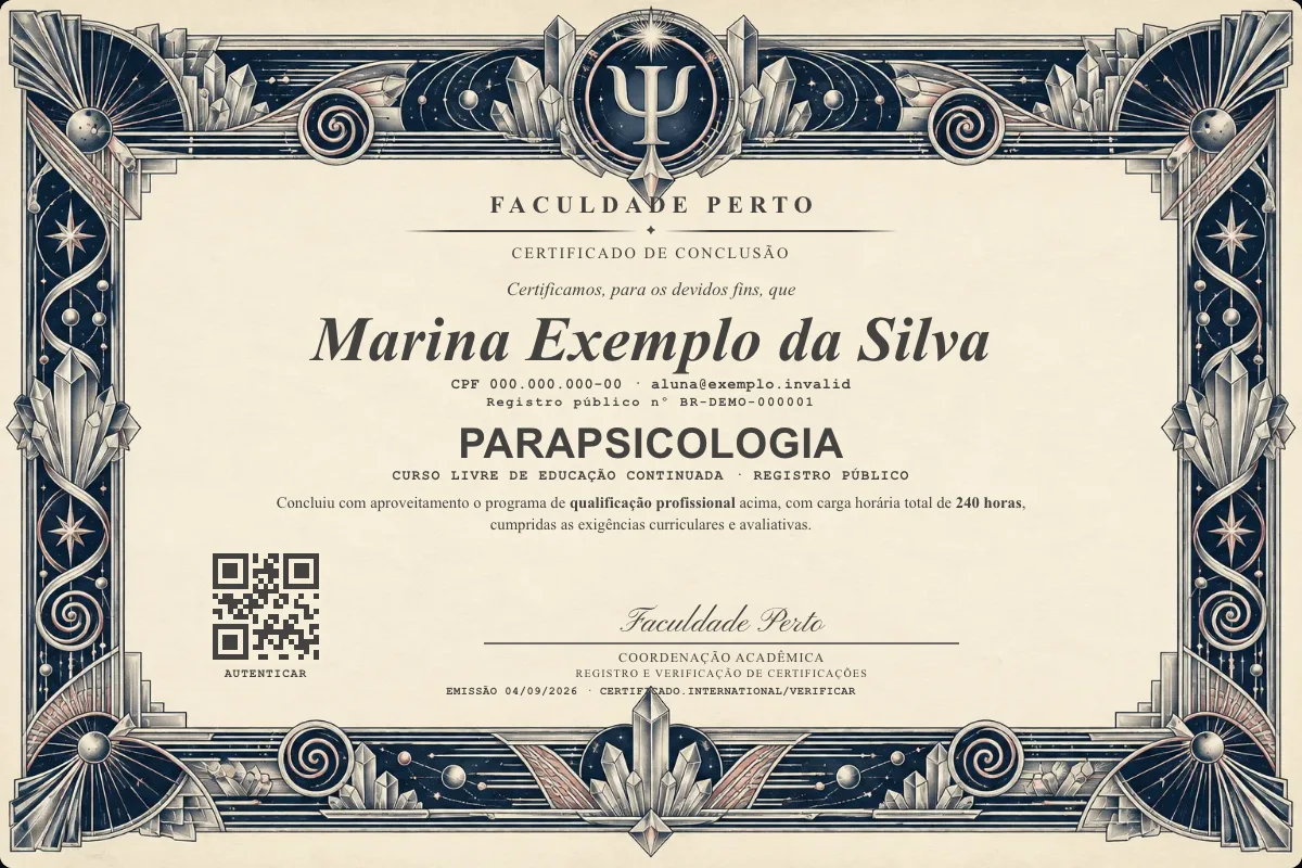 Modelo do certificado do curso de Parapsicologia grátis: registro público, QR de verificação e assinaturas — exemplo com dados fictícios.