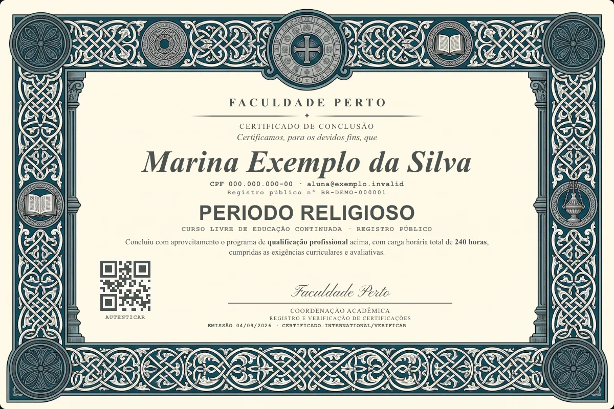 Modelo do certificado do curso de Periodo Religioso grátis: registro público, QR de verificação e assinaturas — exemplo com dados fictícios.