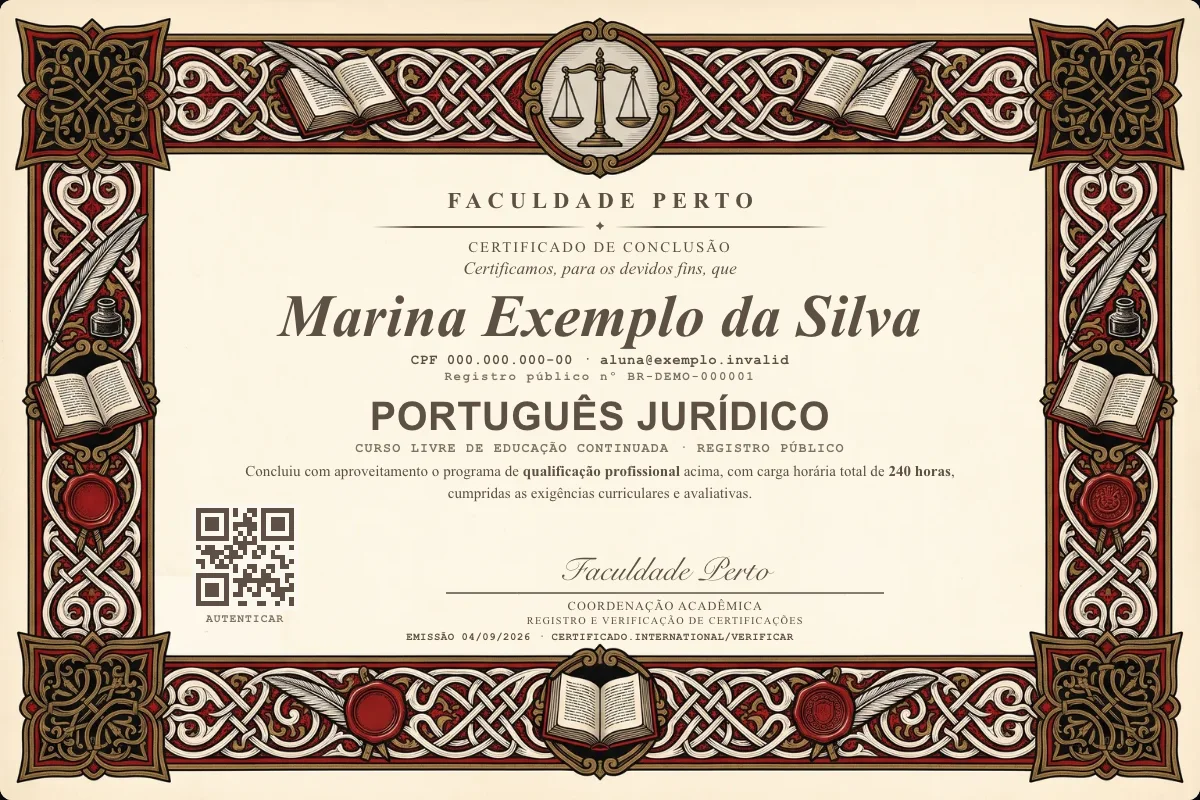 Modelo do certificado do curso de Português Jurídico grátis: registro público, QR de verificação e assinaturas — exemplo com dados fictícios.
