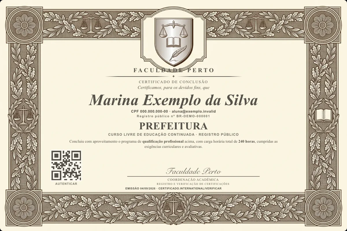 Modelo do certificado do curso de Prefeitura grátis: registro público, QR de verificação e assinaturas — exemplo com dados fictícios.
