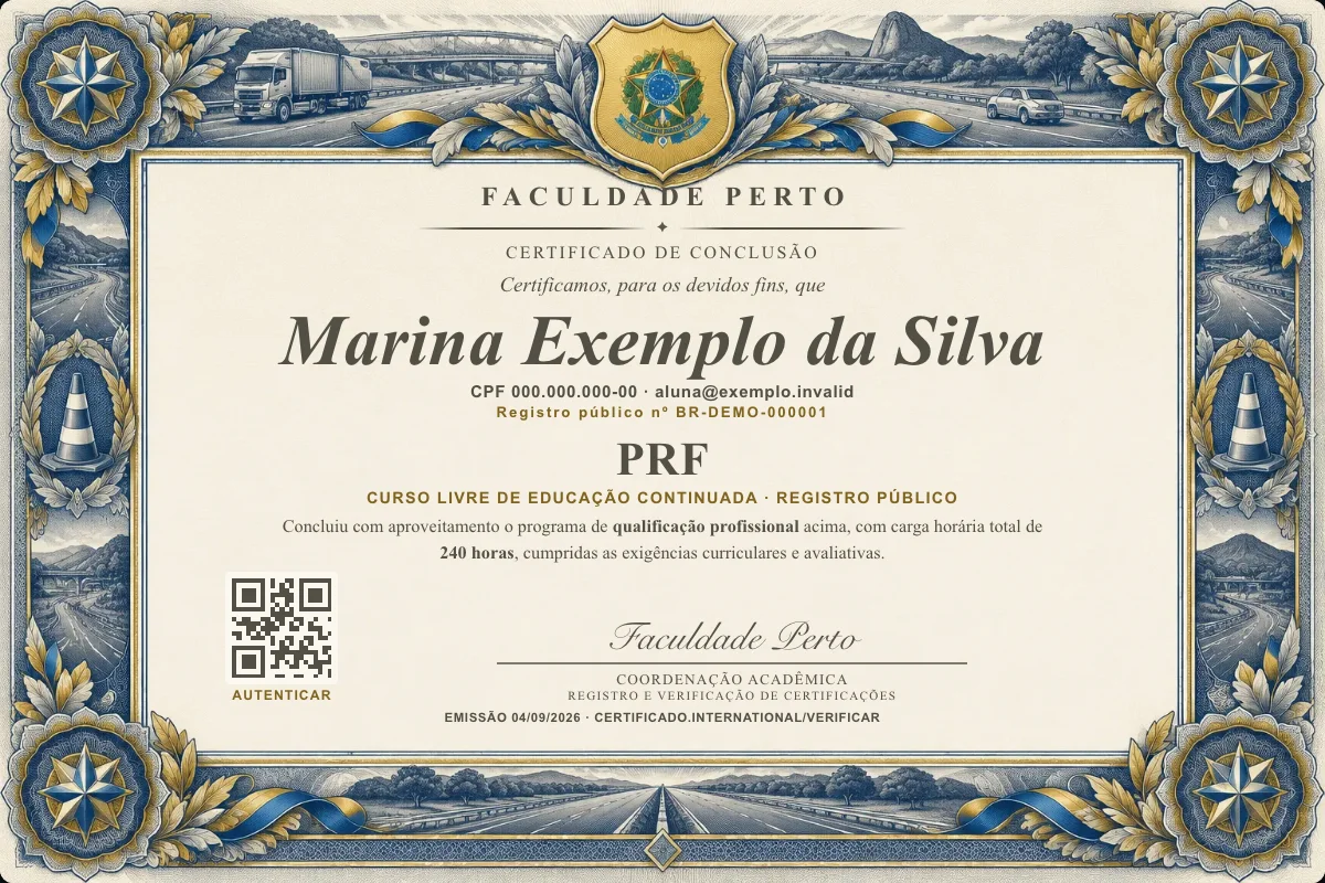 Modelo do certificado do curso de Prf grátis: registro público, QR de verificação e assinaturas — exemplo com dados fictícios.