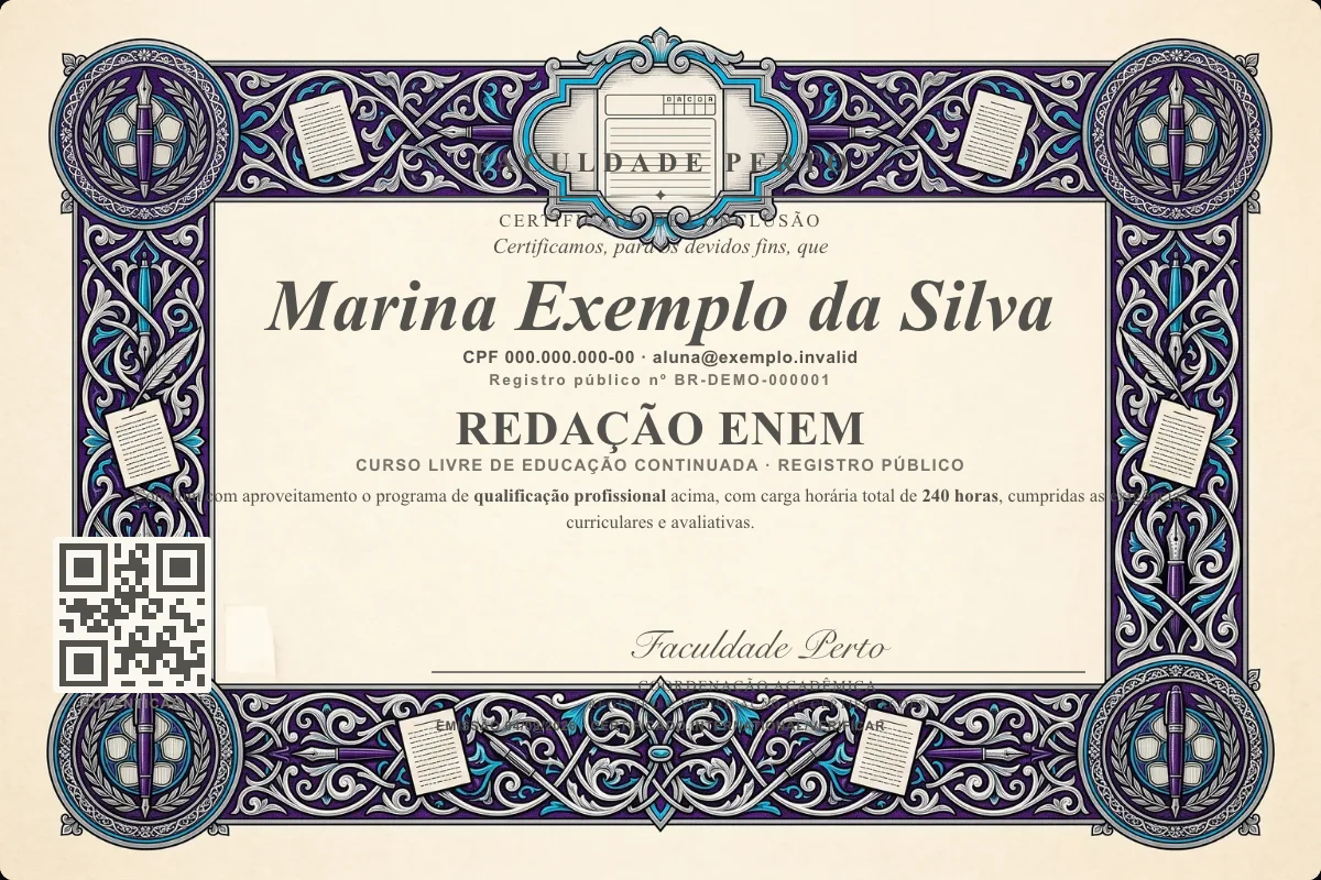 Modelo do certificado do curso de Redação Enem grátis: registro público, QR de verificação e assinaturas — exemplo com dados fictícios.