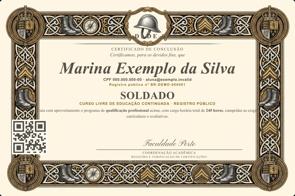 Modelo do certificado do curso de Soldado grátis: registro público, QR de verificação e assinaturas — exemplo com dados fictícios.