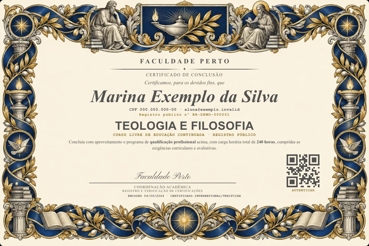 Modelo do certificado do curso de Teologia e Filosofia grátis: registro público, QR de verificação e assinaturas — exemplo com dados fictícios.
