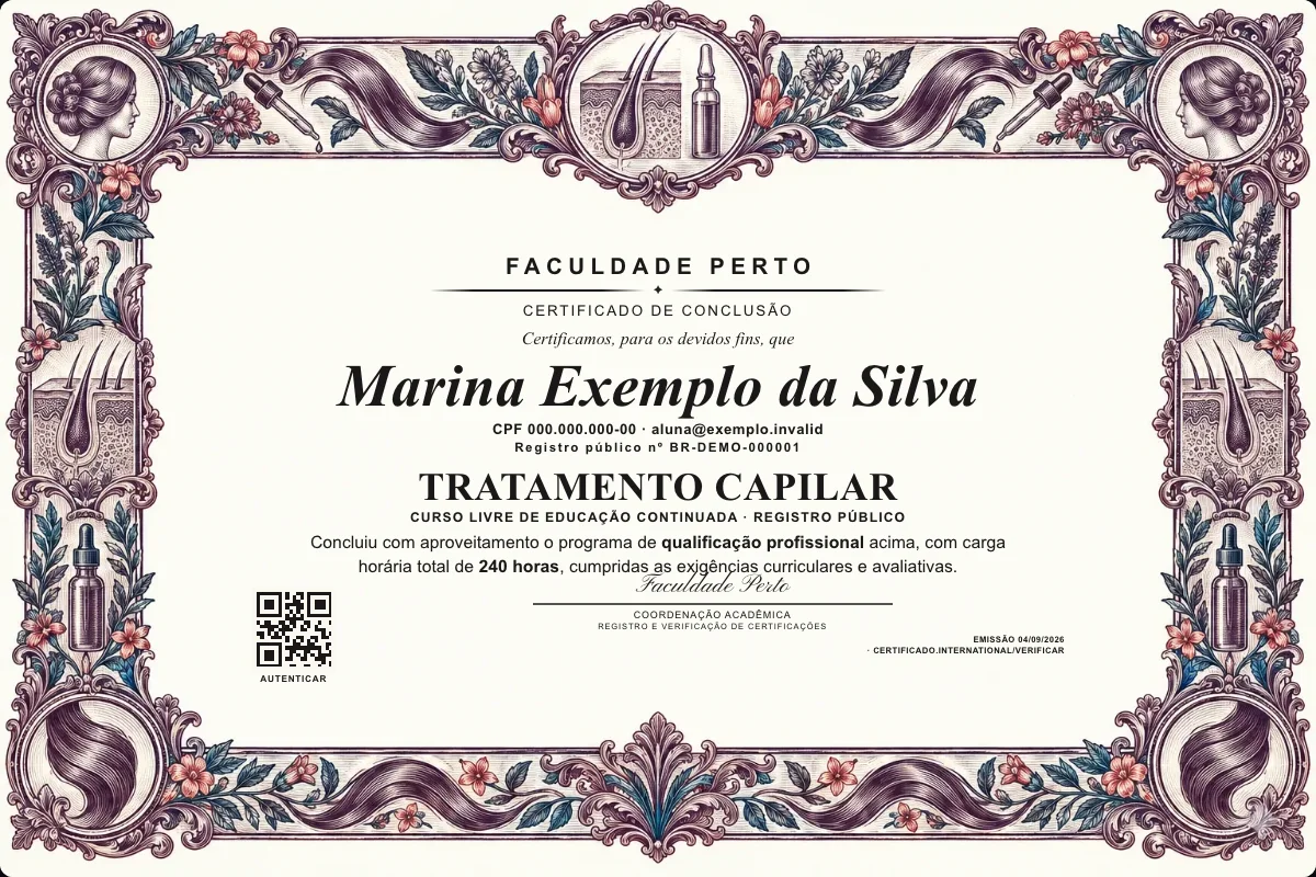 Modelo do certificado do curso de Tratamento Capilar grátis: registro público, QR de verificação e assinaturas — exemplo com dados fictícios.