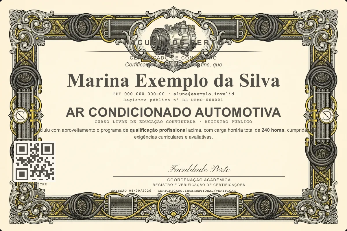 Certificado do curso de Ar Condicionado Automotiva