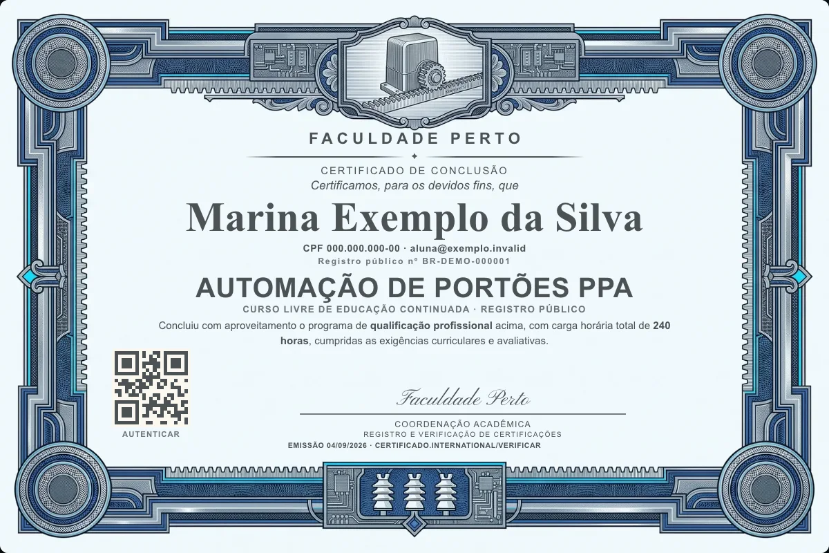 Modelo do certificado do curso de Automação de Portões Ppa grátis: registro público, QR de verificação e assinaturas — exemplo com dados fictícios.