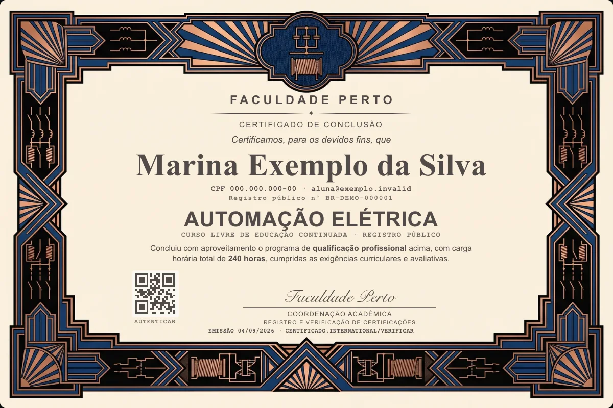 Modelo do certificado do curso de Automação Elétrica grátis: registro público, QR de verificação e assinaturas — exemplo com dados fictícios.