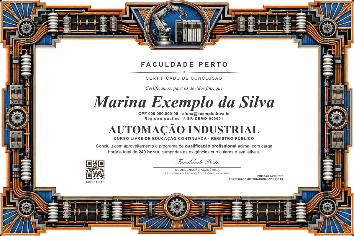 Modelo do certificado do curso de Automação Industrial grátis: registro público, QR de verificação e assinaturas — exemplo com dados fictícios.