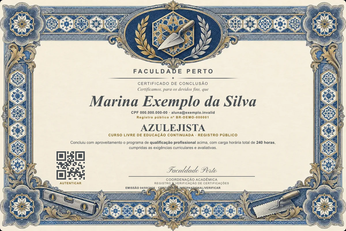 Modelo do certificado do curso de Azulejista grátis: registro público, QR de verificação e assinaturas — exemplo com dados fictícios.