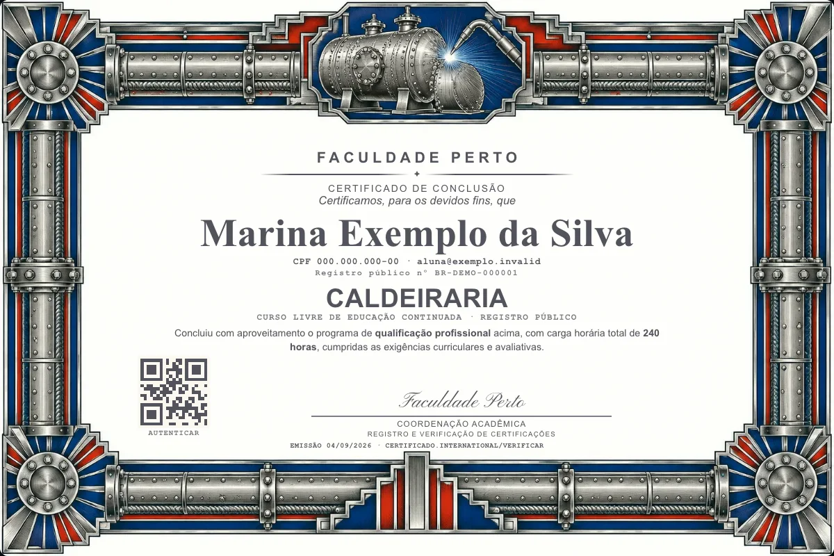 Modelo do certificado do curso de Caldeiraria grátis: registro público, QR de verificação e assinaturas — exemplo com dados fictícios.
