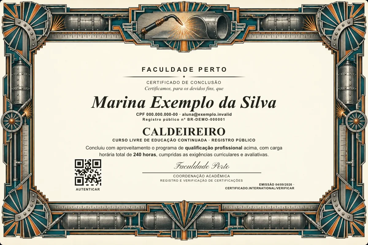 Modelo do certificado do curso de Caldeireiro grátis: registro público, QR de verificação e assinaturas — exemplo com dados fictícios.