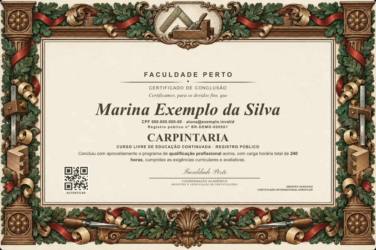 Modelo do certificado do curso de Carpintaria grátis: registro público, QR de verificação e assinaturas — exemplo com dados fictícios.