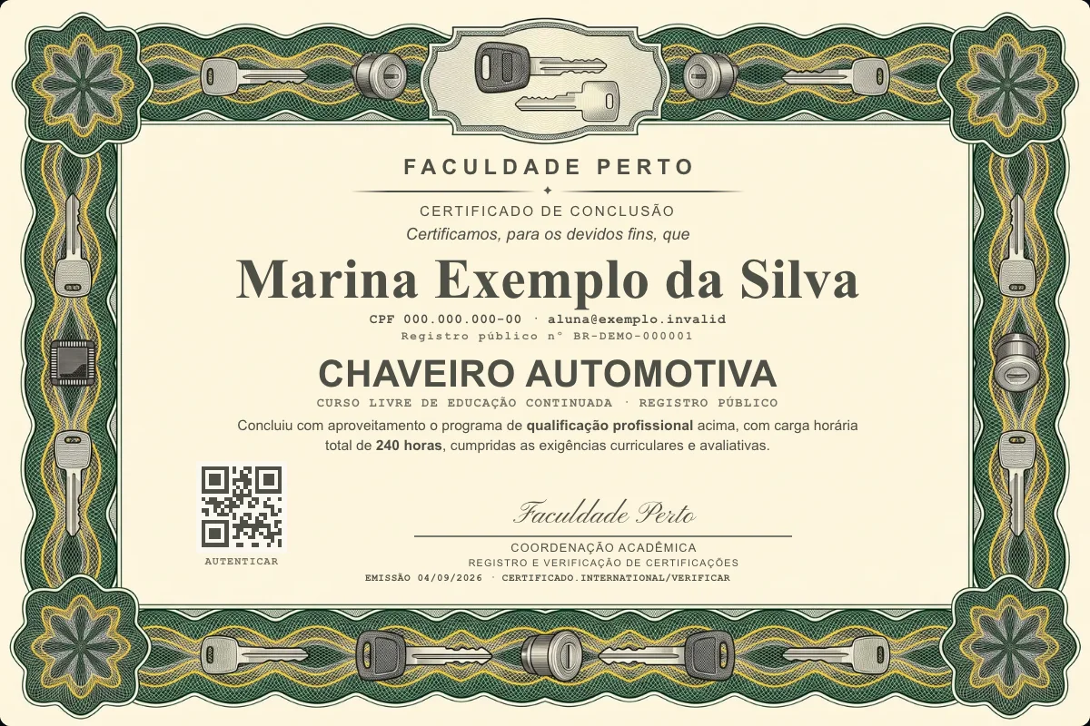 Modelo do certificado do curso de Chaveiro Automotiva grátis: registro público, QR de verificação e assinaturas — exemplo com dados fictícios.