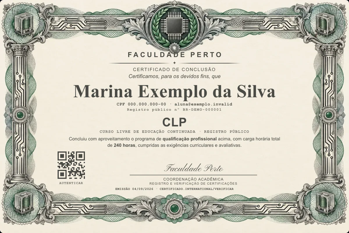 Modelo do certificado do curso de CLP grátis: registro público, QR de verificação e assinaturas — exemplo com dados fictícios.