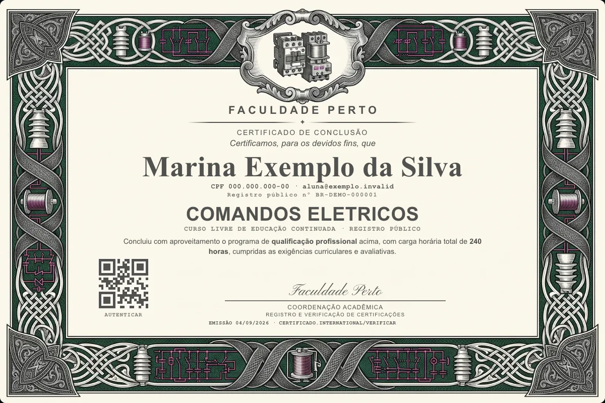 Modelo do certificado do curso de Comandos Eletricos grátis: registro público, QR de verificação e assinaturas — exemplo com dados fictícios.